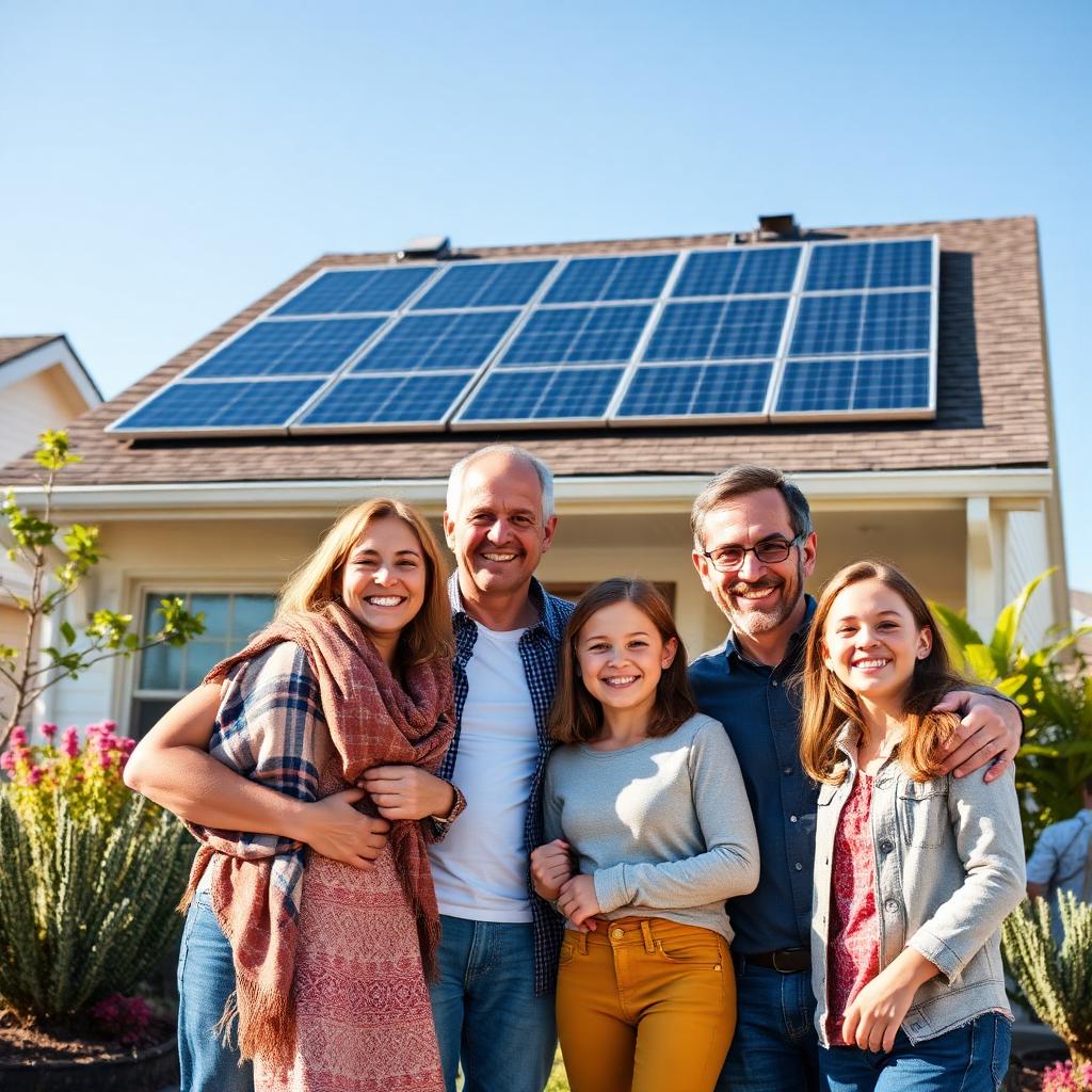 Happy family with solar-powered home
