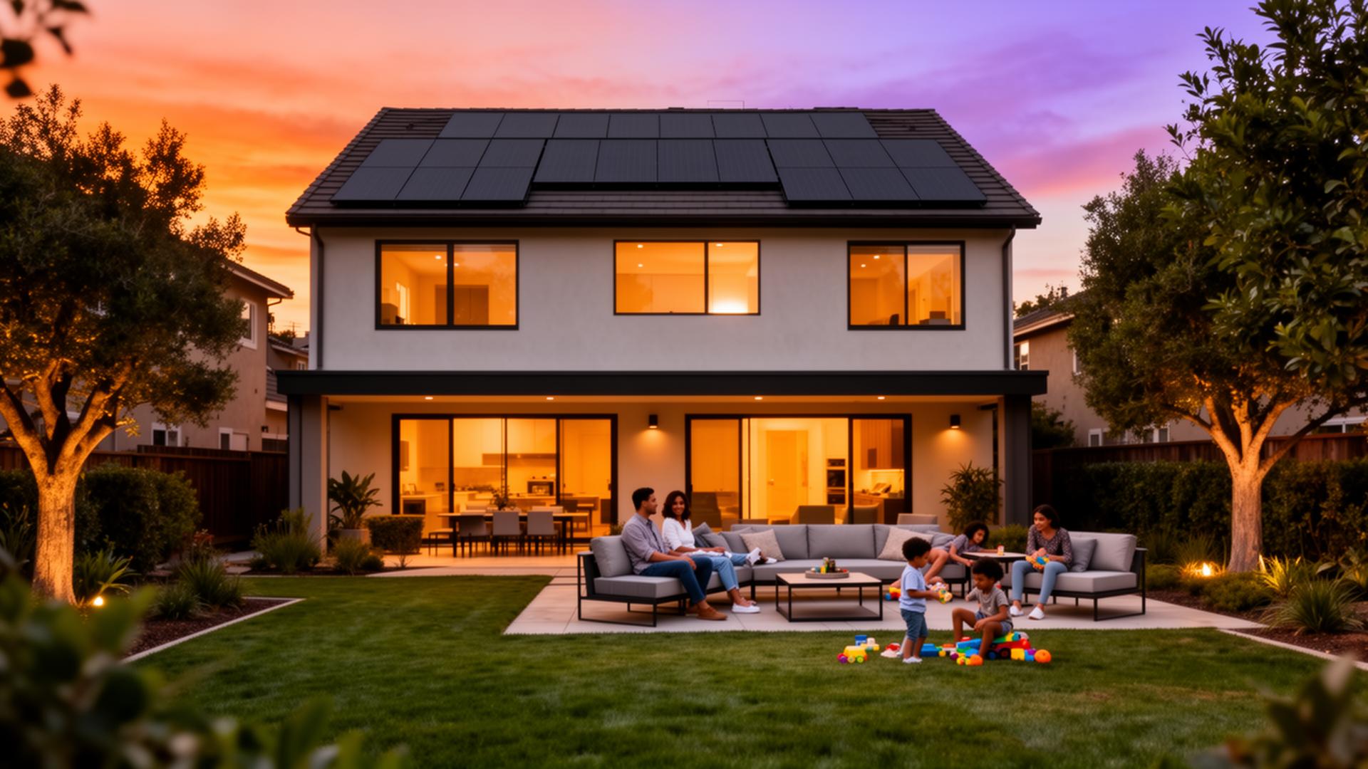 Beautiful home at sunset with solar panels and family relaxing on patio