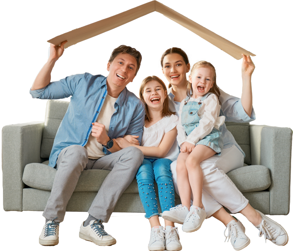 family holding roof on couch